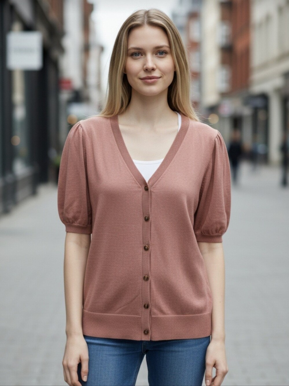 Dusty Rose Button-Front Puff Sleeve Cardigan